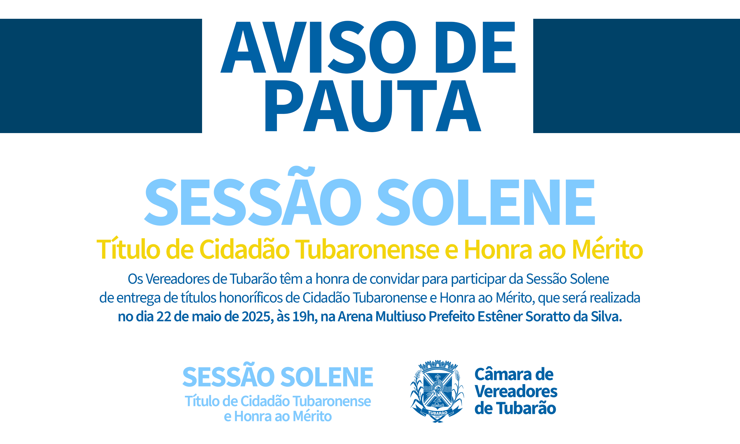 Aviso de Pauta – Sessão Solene de entrega de Títulos Honoríficos