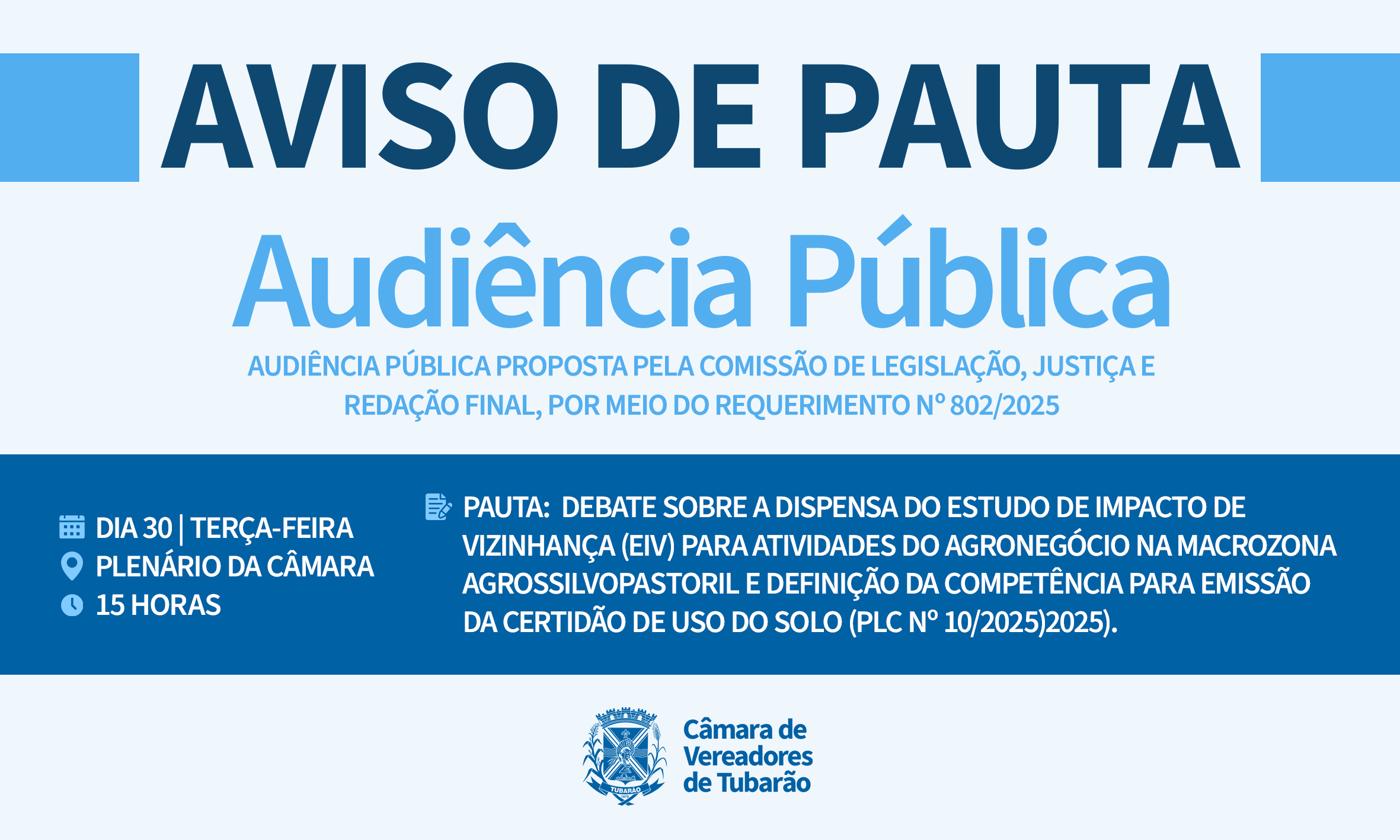 AVISO DE PAUTA – Audiência Pública Estudo de Impacto de Vizinhança