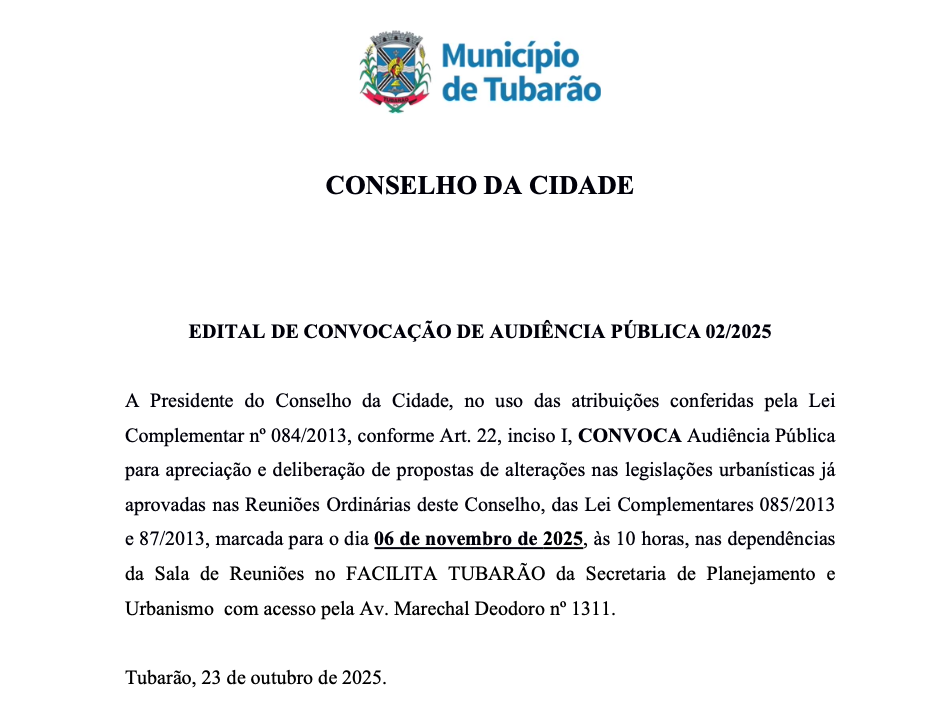 Aviso de Audiência Pública – Conselho da Cidade