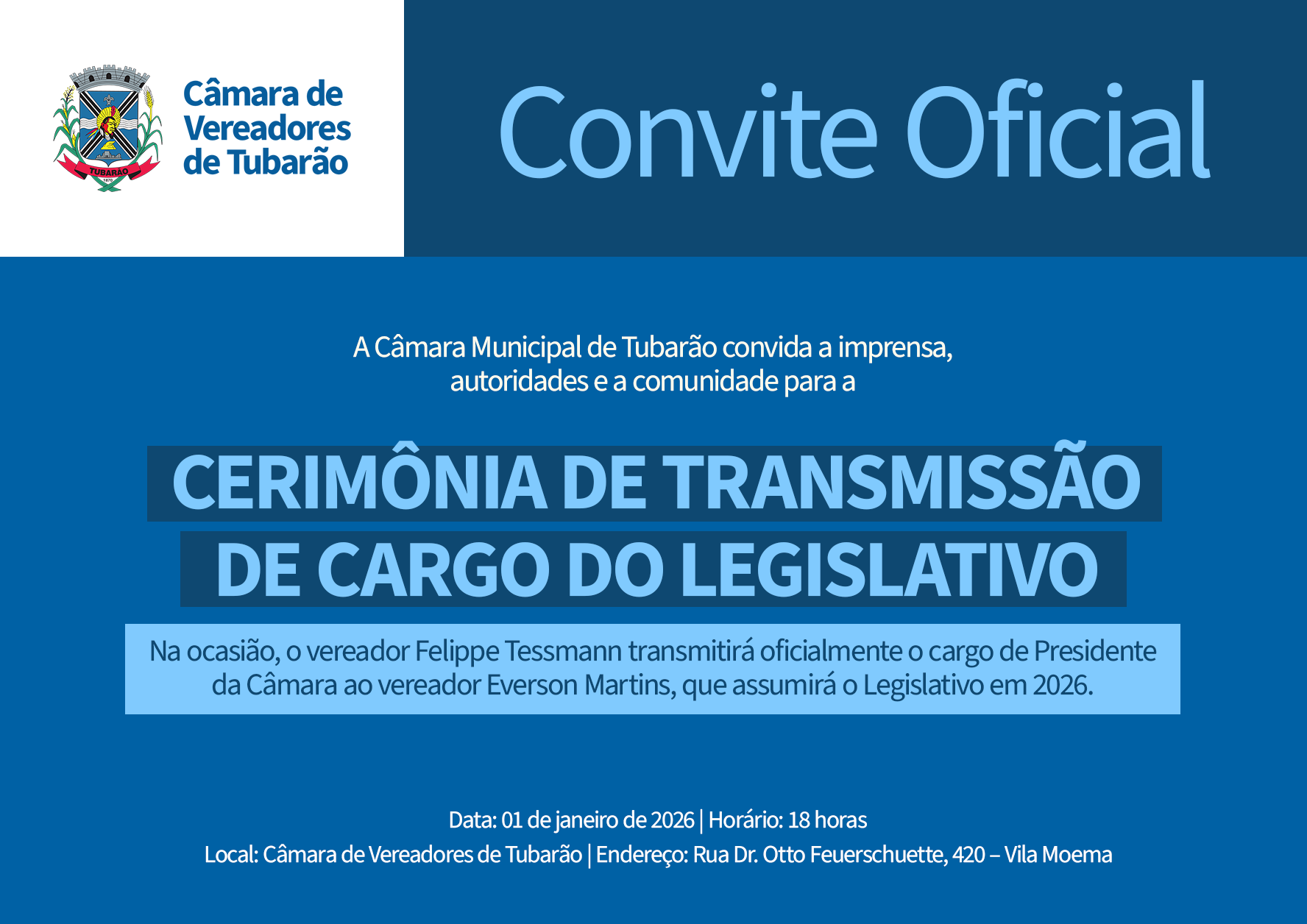AVISO DE PAUTA – Transmissão de cargo do Legislativo